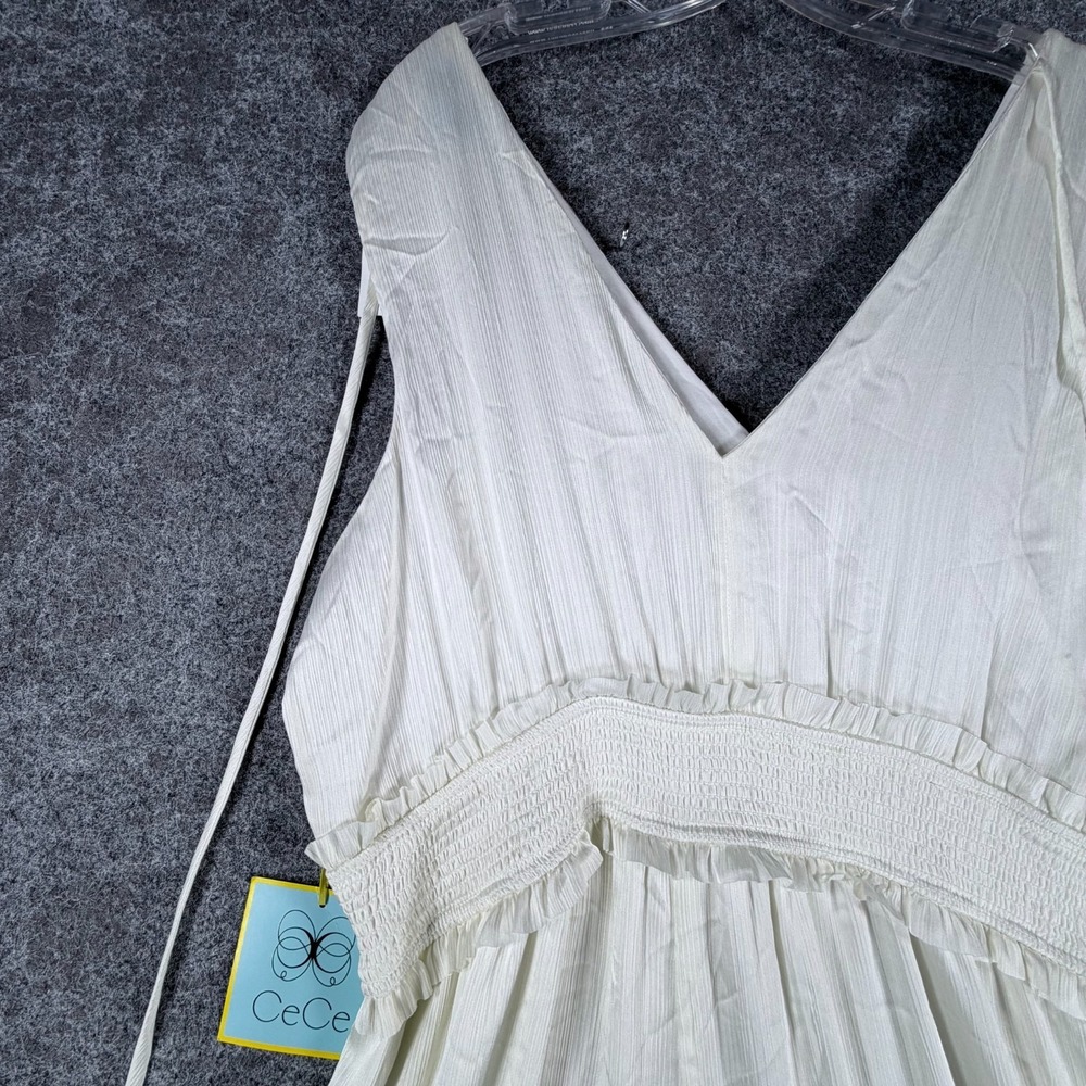 NWT CeCe Plisse Jumpsuit Womens XL White V-Neck Comfort Smocked-Waist Sleeveless - Picture 12 of 16